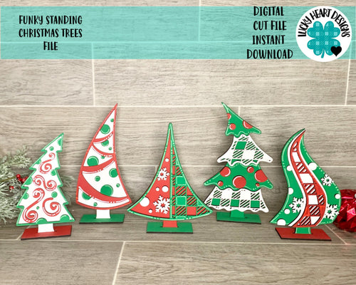 Funky Standing Christmas Trees File SVG, Whimsical Glowforge, LuckyHeartDesignsCo