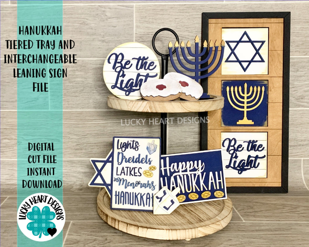 Hanukkah Tiered Tray and Interchangeable Leaning Sign File SVG, LuckyHeartDesignsCo