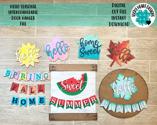 Hello Seasonal Interchangeable Door Hanger File SVG, LuckyHeartDesignsCo