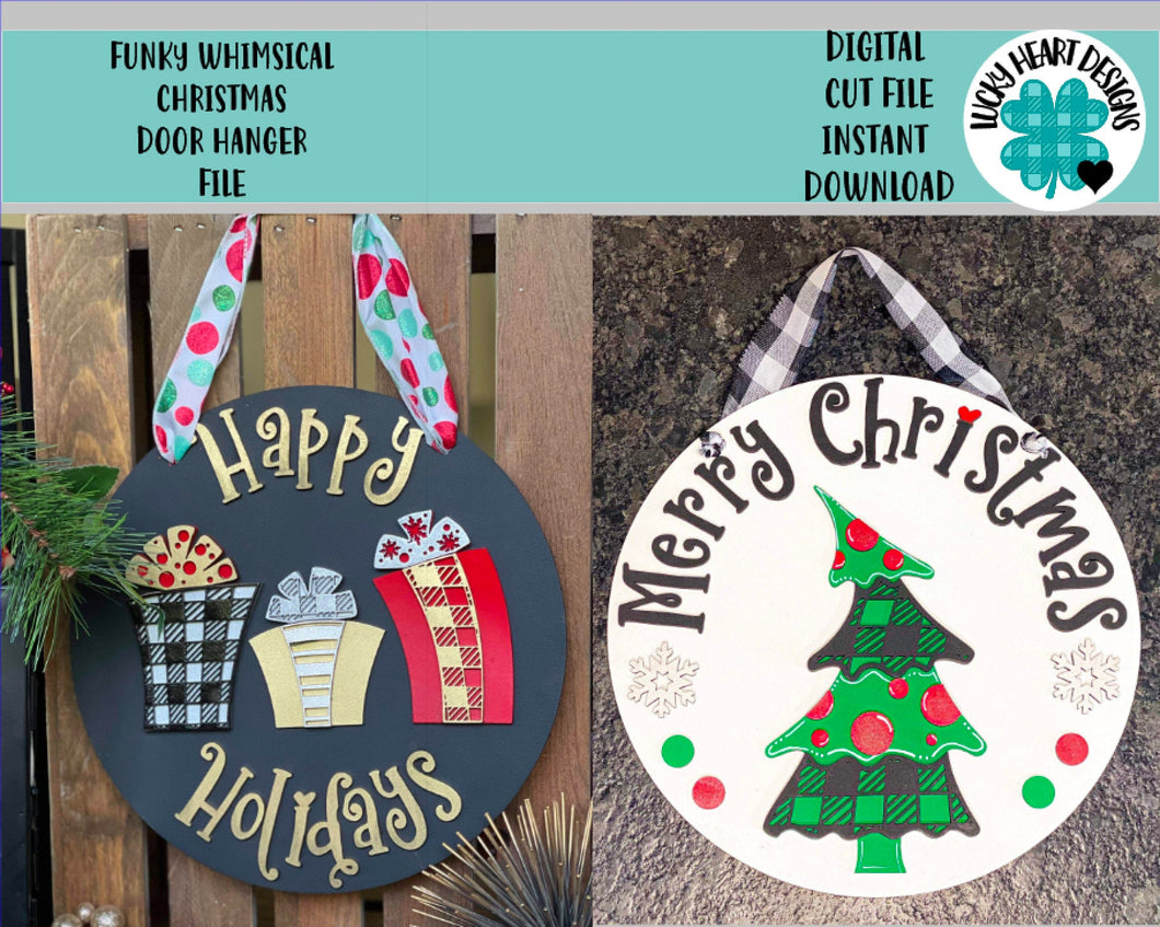 Funky Whimsical Christmas Door Hanger File SVG, Sign Glowforge, LuckyHeartDesignsCo