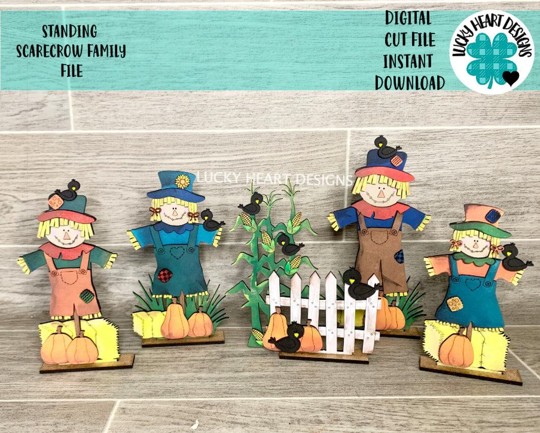 Standing Scarecrow Family Fall File SVG, Glowforge Tiered Tray, LuckyHeartDesignsCo