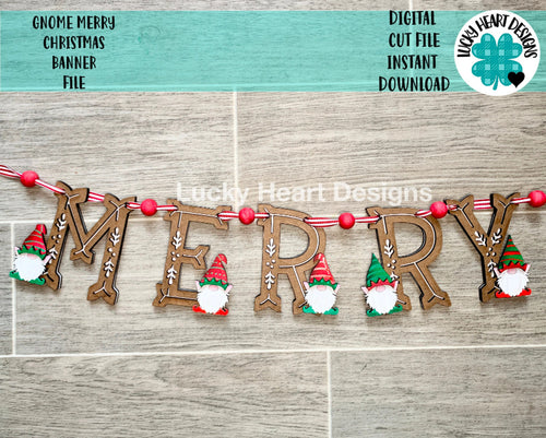 Gnome Merry Christmas Banner File SVG, Glowforge Sign, LuckyHeartDesignsCo