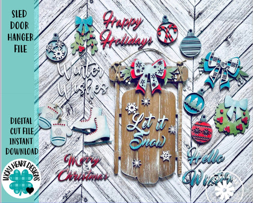 Sled Door Hanger File SVG, Christmas Holiday Winter Glowforge, LuckyHeartDesignsCo