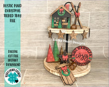 Load image into Gallery viewer, Rustic Plaid Christmas Tiered Tray File SVG, Cabin Sled Holiday Tier Tray Glowforge, LuckyHeartDesignsCo
