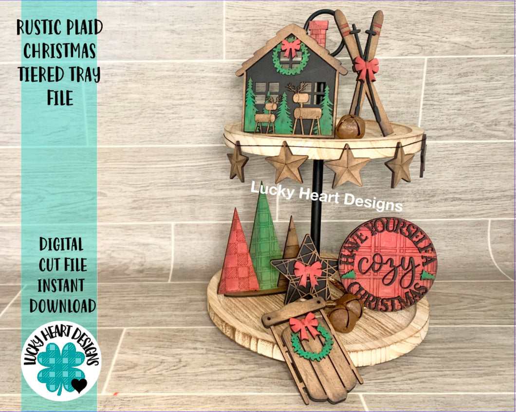 Rustic Plaid Christmas Tiered Tray File SVG, Cabin Sled Holiday Tier Tray Glowforge, LuckyHeartDesignsCo