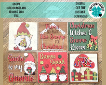Load image into Gallery viewer, Gnome Christmas Interchangeable Leaning Sign File SVG, Glowforge Tiered Tray Signs, LuckyHeartDesignsCo
