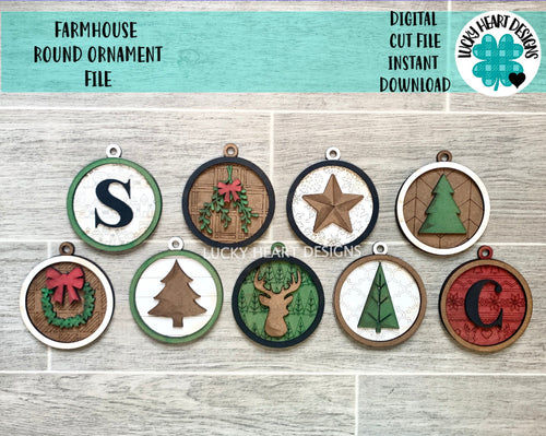 Farmhouse Round Christmas Ornament File SVG, Holiday glowforge, LuckyHeartDesignsCo