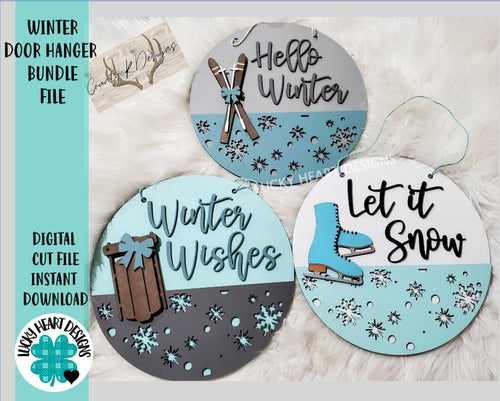 Winter Door Hanger Sign Bundle File SVG, Snow Sled Skates Glowforge, LuckyHeartDesignsCo