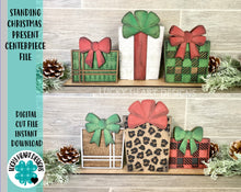 Load image into Gallery viewer, Standing Christmas Presents Centerpiece Complete DIY KIT File SVG, Holiday Hanukkah, Glowforge, LuckyHeartDesignsCo
