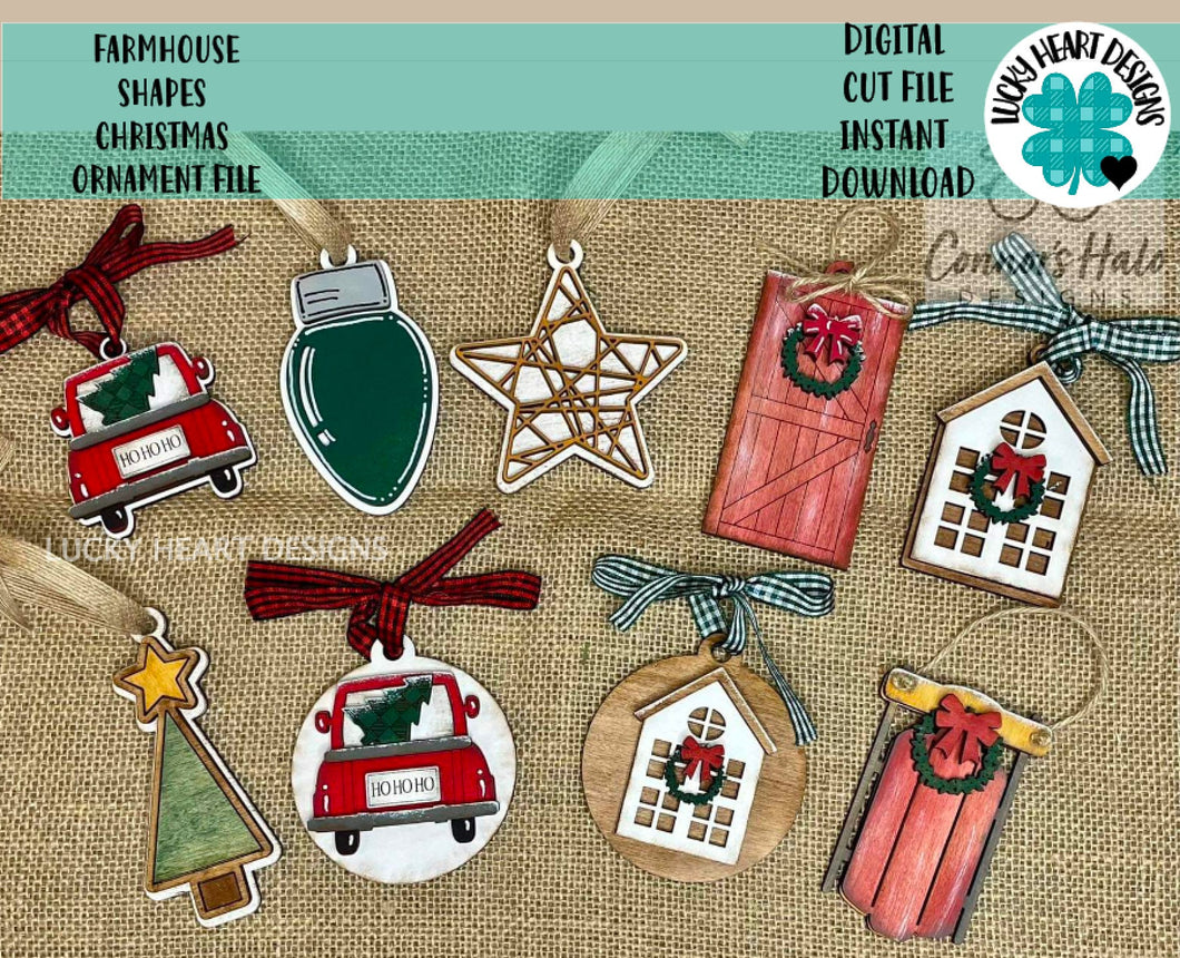 Farmhouse Shapes Christmas Ornaments File SVG, Holiday Glowforge, LuckyHeartDesignsCo