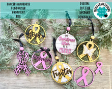 Load image into Gallery viewer, Cancer Awareness Fundraiser Ornament File SVG, Christmas, Ribbon, Glowforge, LuckyHeartDesignsCo
