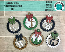 Load image into Gallery viewer, Wreath Initial Christmas Ornament File SVG, Glowforge Holiday Farmhouse, LuckyHeartDesignsCo
