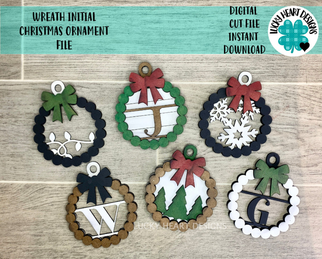 Wreath Initial Christmas Ornament File SVG, Glowforge Holiday Farmhouse, LuckyHeartDesignsCo