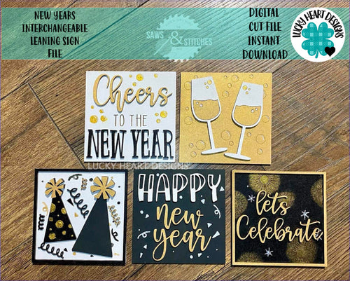 New Years Interchangeable Leaning Sign File SVG, Tiered Tray Glowforge, LuckyHeartDesignsCo