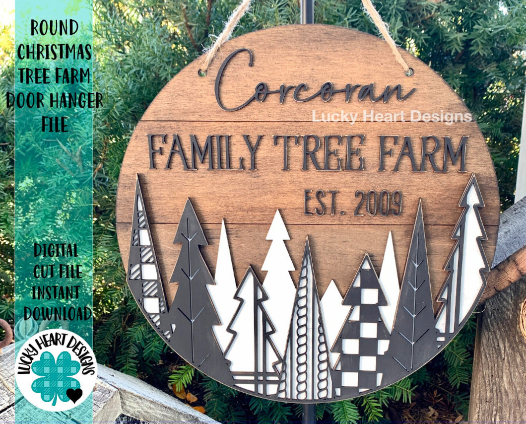 Round Christmas Tree Farm Door Hanger File SVG, Holiday Glowforge, LuckyHeartDesignsCo