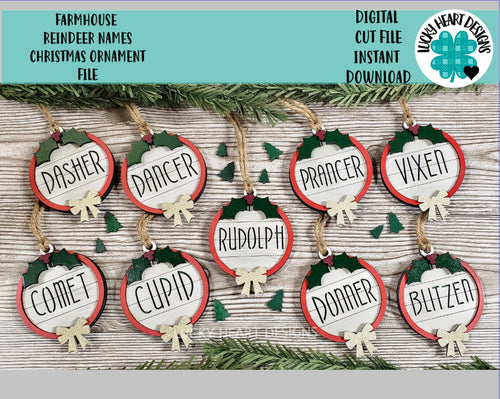 Reindeer Names Christmas Ornament File SVG, Glowforge Holiday, Rudolph, LuckyHeartDesignsCo