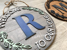 Load image into Gallery viewer, Welcome To Our Home Initial Round Door Hanger File SVG, Glowforge, LuckyHeartDesignsCo
