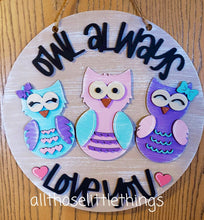 Load image into Gallery viewer, Valentines Owl Round Craft Kit FILE SVG, Glowforge door hanger
