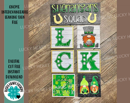 Gnome ST. Patrick's Day Interchangeable Leaning Sign File SVG, Glowforge Tiered Tray, LuckyHeartDesignsCo