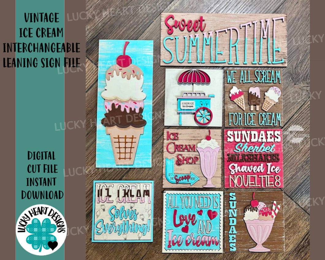 Vintage Ice Cream Interchangeable Leaning Sign File SVG, Tiered Tray Glowforge, LuckyHeartDesignsCo