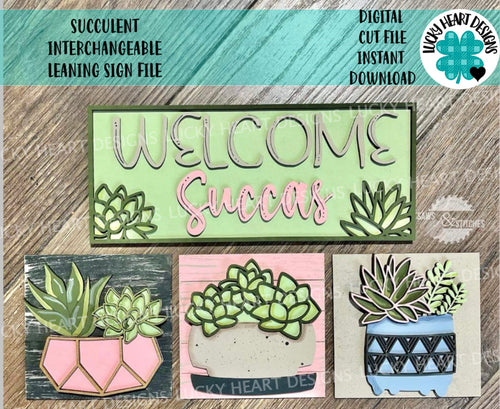 Succulent Plant Interchangeable Leaning Sign File SVG, Tiered Tray Glowforge, LuckyHeartDesignsCo