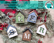 Load image into Gallery viewer, Initial Shiplap Houses Christmas Ornaments File SVG, Glowforge Farmhouse, LuckyHeartDesignsCo

