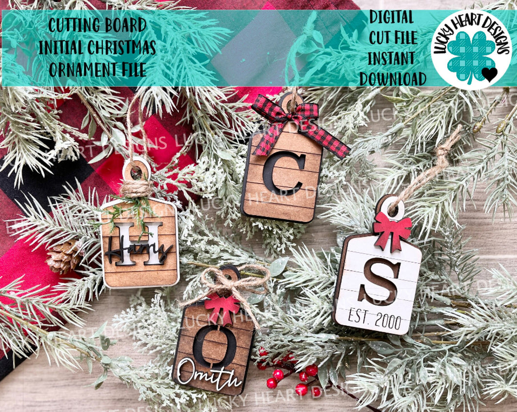 Cutting Board Initial Christmas Ornament File SVG, Glowforge Farmhouse Shiplap, LuckyHeartDesignsCo