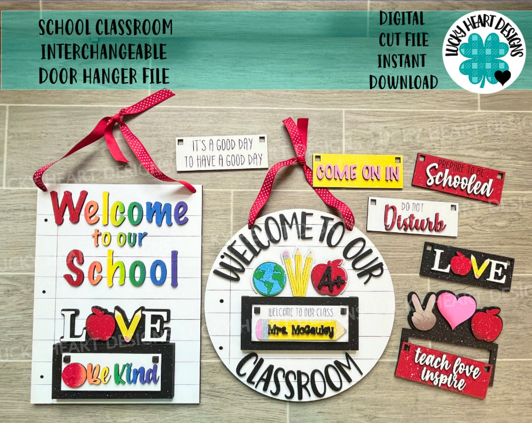 School classroom Interchangeable Door Hanger File SVG, Glowforge Teacher Gift, LuckyHeartDesignsCo