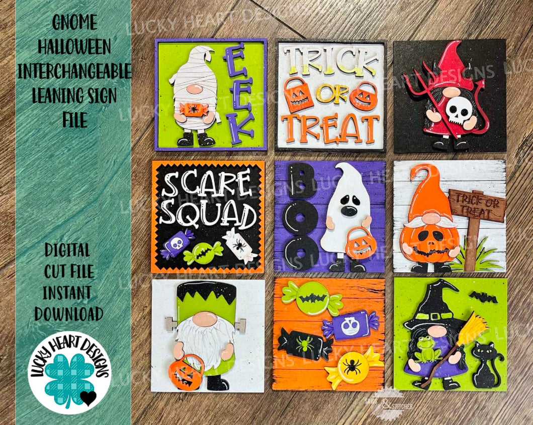 Gnome Halloween Interchangeable Leaning Sign File SVG, Glowforge Tiered Tray, LuckyHeartDesignsCo
