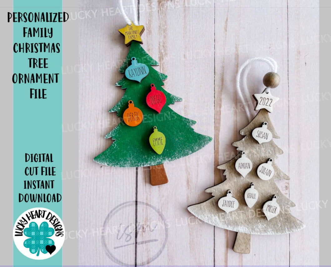 Personalized Family Christmas Tree Ornament File SVG, Glowforge Holiday, LuckyHeartDesignsCo
