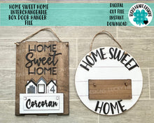 Load image into Gallery viewer, Home Sweet Home Interchangeable Box Door Hanger File SVG, Glowforge, LuckyHeartDesignsCo
