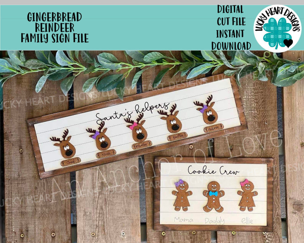 Christmas Gingerbread Reindeer Family Sign File SVG, Glowforge, LuckyHeartDesignsCo