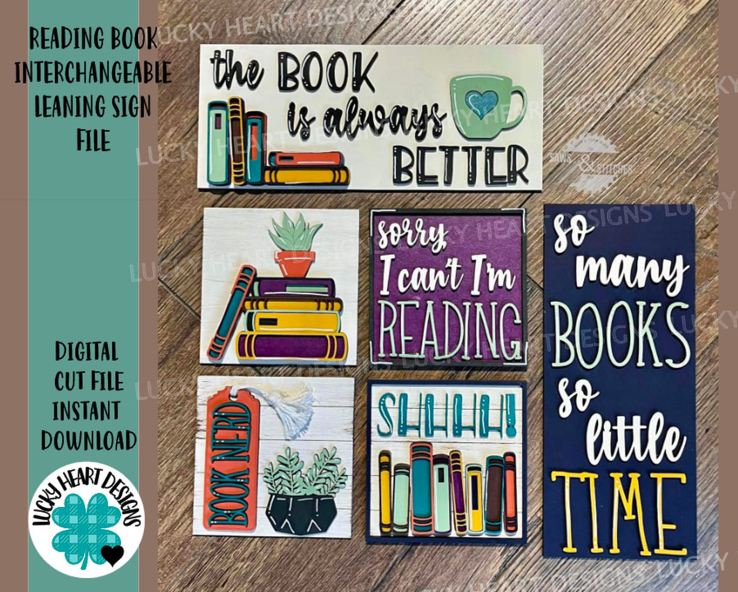 Reading Interchangeable Leaning Sign File SVG, Glowforge Books, LuckyHeartDesignsCo