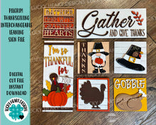 Load image into Gallery viewer, Pilgrim Thanksgiving Interchangeable Leaning Sign File SVG, Tiered Tray Glowforge, LuckyHeartDesignsCo
