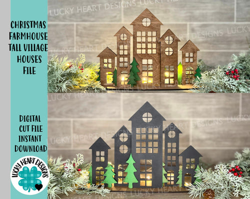 Christmas Farmhouse Tall Houses Village File SVG, Glowforge, LuckyHeartDesignsCo
