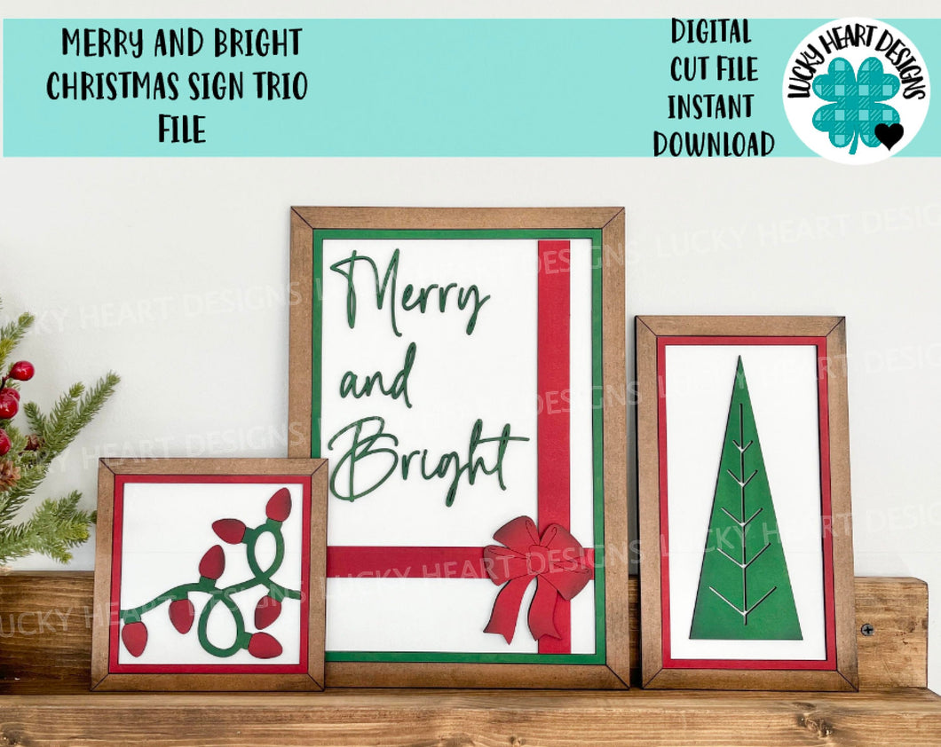 Merry and Bright Christmas Sign Trio File SVG, Glowforge, LuckyHeartDesignsCo