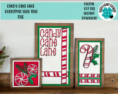Candy Cane Lane Christmas Sign Trio File SVG, Glowforge Laser file, LuckyHeartDesignsCo