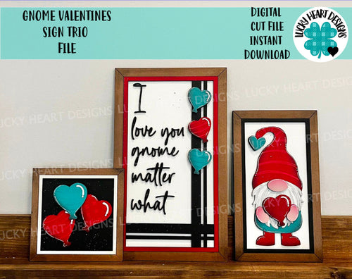 Gnome Valentines Sign Trio File SVG, Glowforge, LuckyHeartDesignsCo