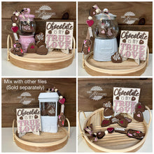 Load image into Gallery viewer, Love and Chocolate Valentine&#39;s Day Interchangeable Leaning Sign File SVG, Tiered Tray, Glowforge, LuckyHeartDesignsCo
