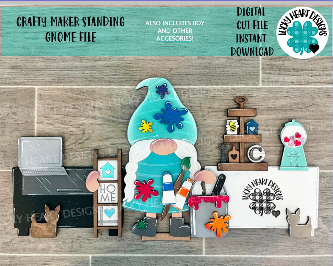 Crafty Maker Standing Gnome File SVG, Tiered Tray Decor, Glowforge, LuckyHeartDesignsCo