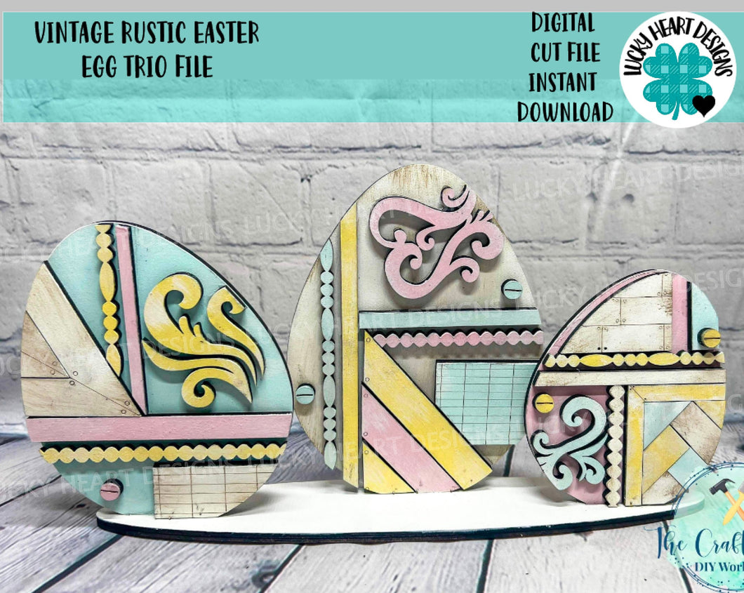 Vintage Rustic Easter Egg Trio File SVG, Glowforge Farmhouse, LuckyHeartDesignsCo