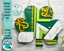 Load image into Gallery viewer, Vintage Rustic Clover Door Hanger File SVG, Farmhouse St. Patrick&#39;s Day Glowforge, LuckyHeartDesignsCo
