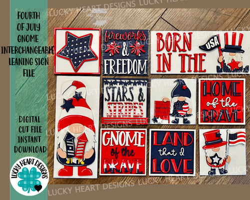 Fourth of July Gnome Interchangeable Leaning Sign File SVG, Glowforge, LuckyHeartDesignsCo