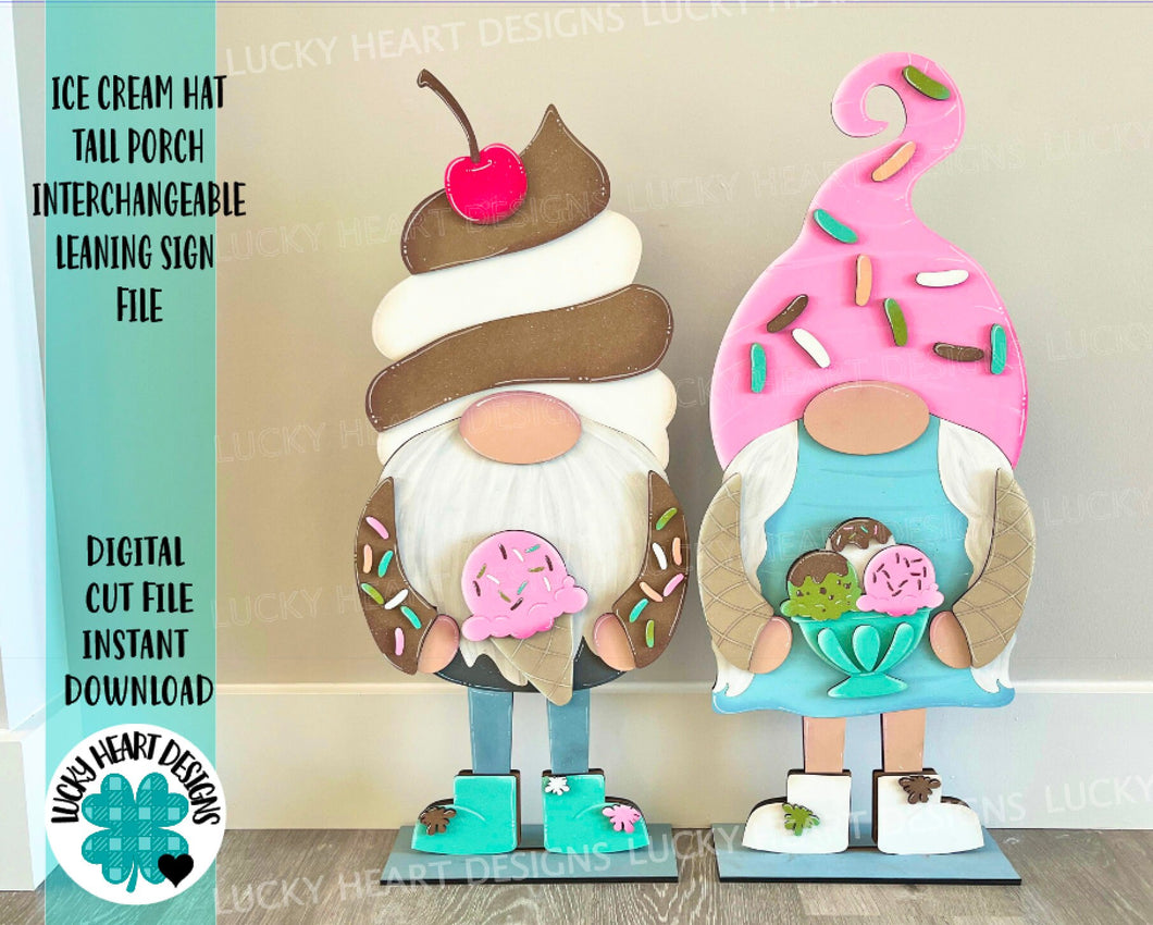 Ice Cream Hat add on Tall Porch Interchangeable Leaning Sign Gnome File SVG, Glowforge Spring Summer, LuckyHeartDesignsCo