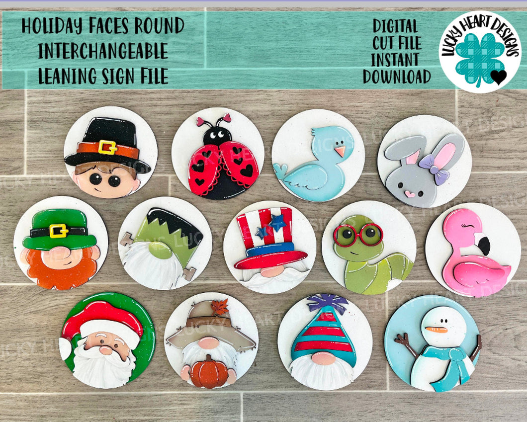 Holiday Faces Round Interchangeable Leaning Sign File SVG, Leaning Ladder Seasonal Shapes, Glowforge Laser, LuckyHeartDesignsCo