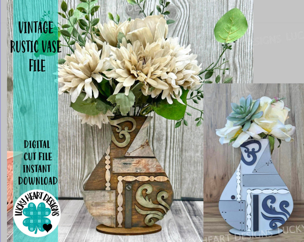 Vintage Rustic Vase File SVG, Glowforge Farmhouse Floral, LuckyHeartDesignsCo