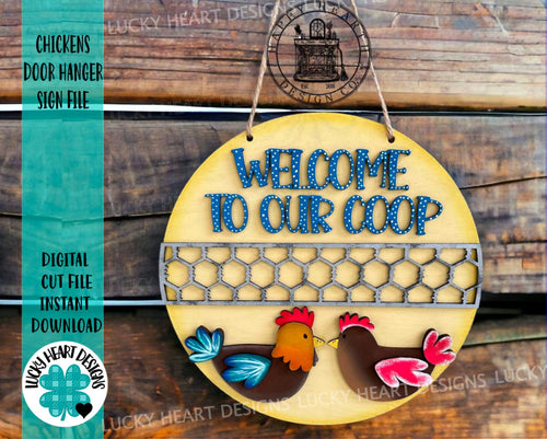 Chickens Door Hanger File SVG, Glowforge Chicken wire Eggs Farm, LuckyHeartDesignsCo