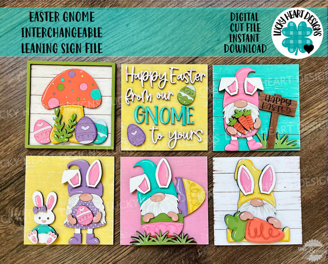 Easter Gnome Interchangeable Leaning Sign File SVG, Glowforge Tiered Tray, Spring, LuckyHeartDesignsCo
