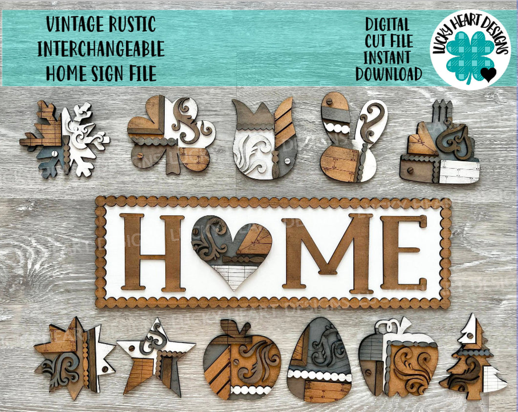 Vintage Rustic Interchangeable Home Sign File SVG, Glowforge Farmhouse, LuckyHeartDesignsCo