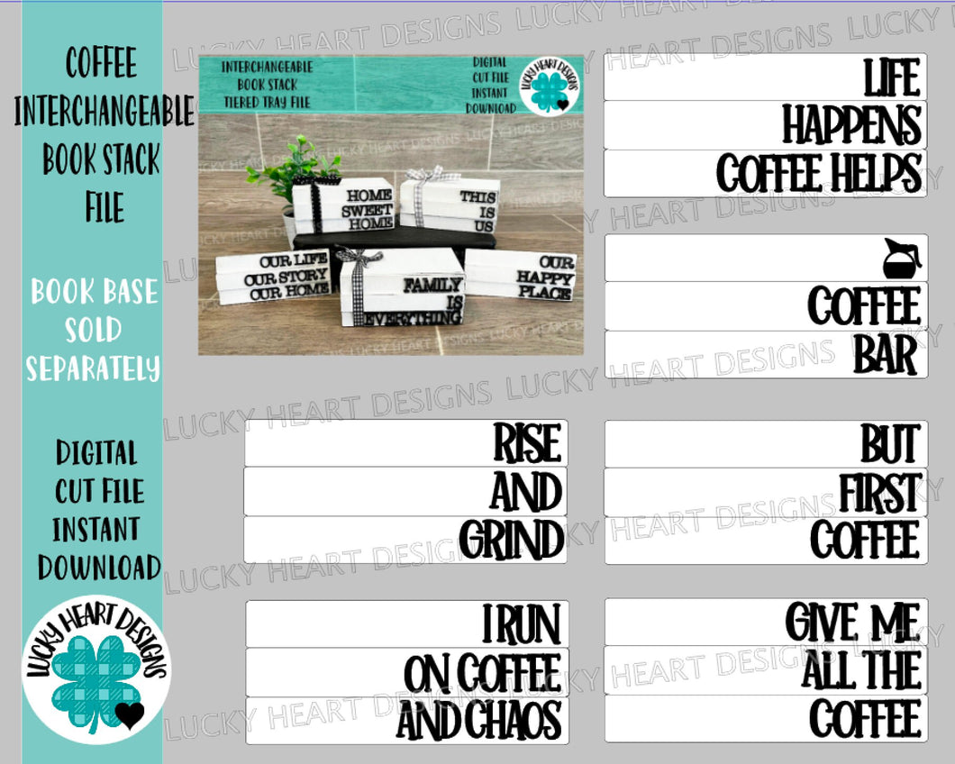Coffee Interchangeable Book Stack File SVG, Glowforge Farmhouse Tiered Tray, LuckyHeartDesignsCo